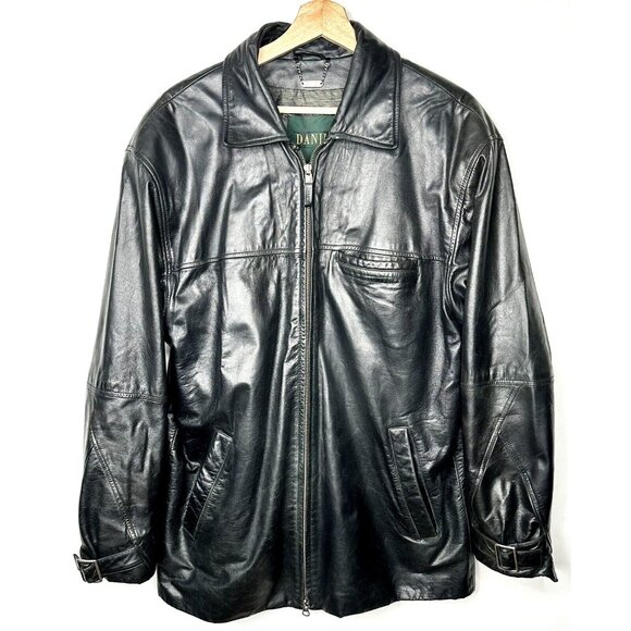 Danier Mens Genuine Leather Jacket VTG 90s Full Zip Buckle Cuffs Black Medium - Picture 1 of 16
